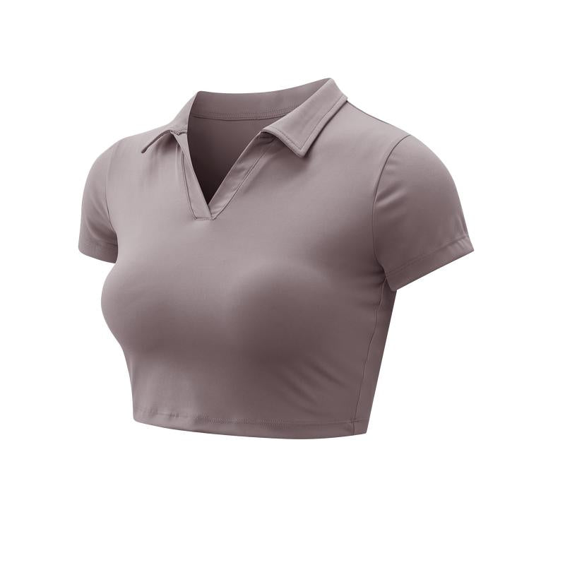 XINEV 2025 Women'S Solid Cropped Sports Polo Tee, Casual Short Sleeve T-Shirt for Gym Workout Running, Ladies Sportswear, Breathable Athletic Top, Athleisure Style, Sizes S to 2XL