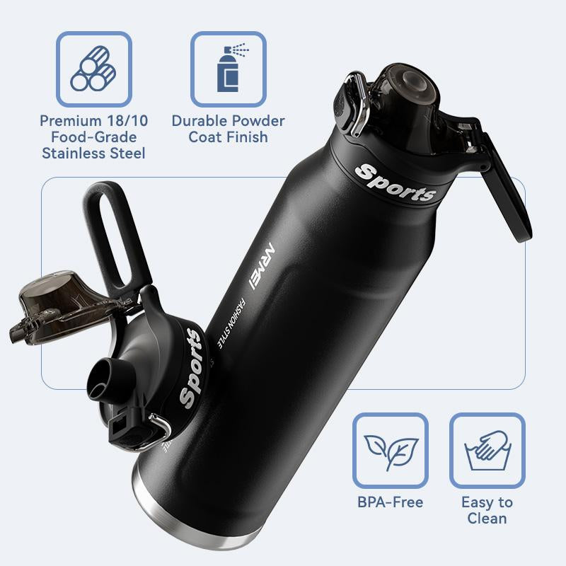 Insulated Water Bottle with 2-In-1 Straw and Spout Lid, Double Wall Vacuum Keep Cold 24H, Leak-Proof, Bpa-Free, Fits in Car Cup Holder, Stainless Steel Water Bottles for Sports, Travel, and School