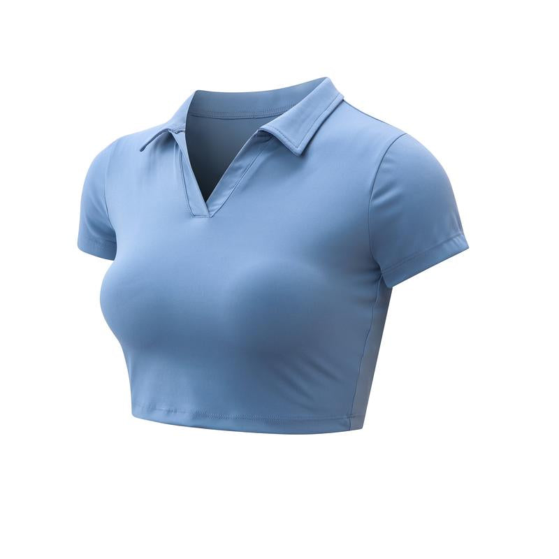 XINEV 2025 Women'S Solid Cropped Sports Polo Tee, Casual Short Sleeve T-Shirt for Gym Workout Running, Ladies Sportswear, Breathable Athletic Top, Athleisure Style, Sizes S to 2XL