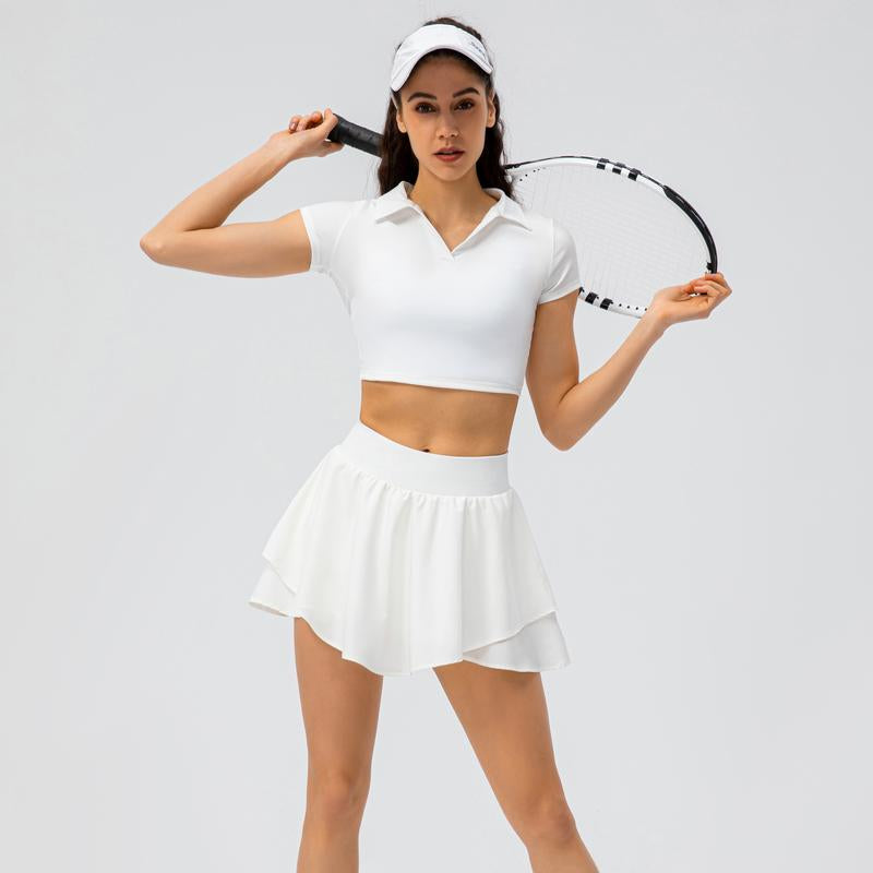 XINEV 2025 Women'S Solid Cropped Sports Polo Tee, Casual Short Sleeve T-Shirt for Gym Workout Running, Ladies Sportswear, Breathable Athletic Top, Athleisure Style, Sizes S to 2XL