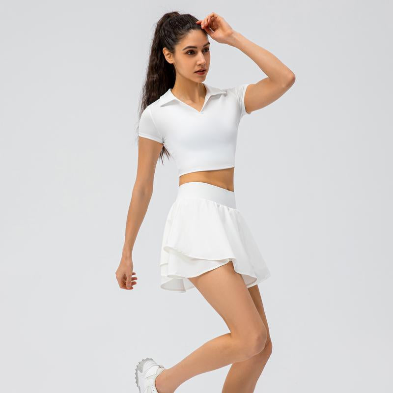 XINEV 2025 Women'S Solid Cropped Sports Polo Tee, Casual Short Sleeve T-Shirt for Gym Workout Running, Ladies Sportswear, Breathable Athletic Top, Athleisure Style, Sizes S to 2XL