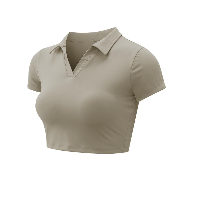 XINEV 2025 Women'S Solid Cropped Sports Polo Tee, Casual Short Sleeve T-Shirt for Gym Workout Running, Ladies Sportswear, Breathable Athletic Top, Athleisure Style, Sizes S to 2XL