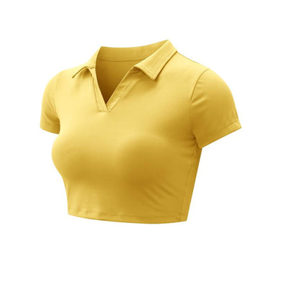 XINEV 2025 Women'S Solid Cropped Sports Polo Tee, Casual Short Sleeve T-Shirt for Gym Workout Running, Ladies Sportswear, Breathable Athletic Top, Athleisure Style, Sizes S to 2XL