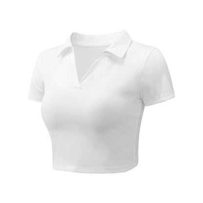 XINEV 2025 Women'S Solid Cropped Sports Polo Tee, Casual Short Sleeve T-Shirt for Gym Workout Running, Ladies Sportswear, Breathable Athletic Top, Athleisure Style, Sizes S to 2XL