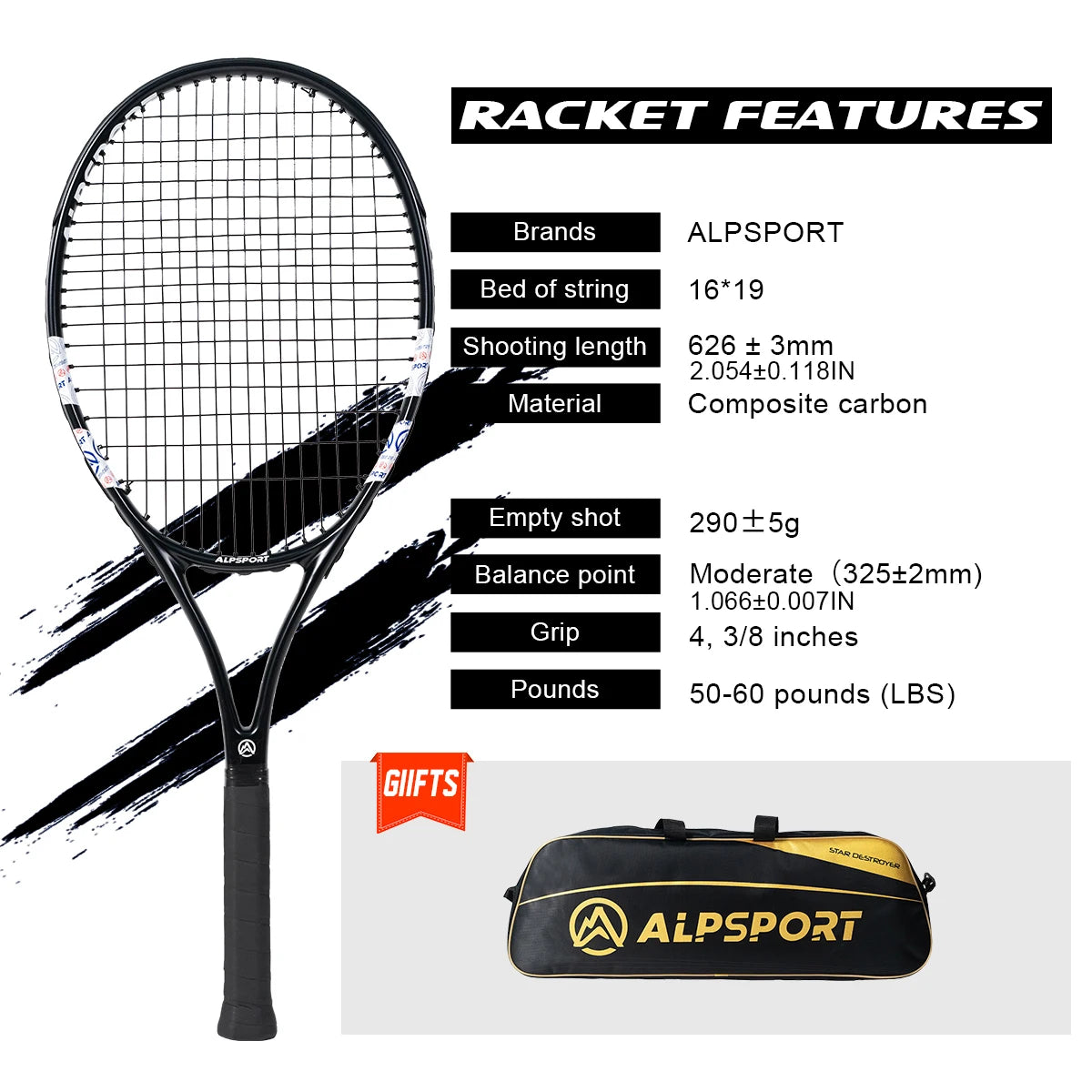 Carbon Fiber Tennis Racket T800 18K-Professional Grade with Bag&Strap Lightweight Training Racquet for Adults Men&Women