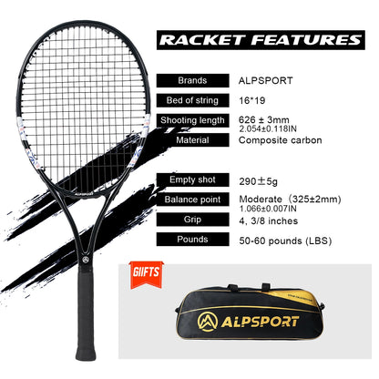 Carbon Fiber Tennis Racket T800 18K-Professional Grade with Bag&Strap Lightweight Training Racquet for Adults Men&Women