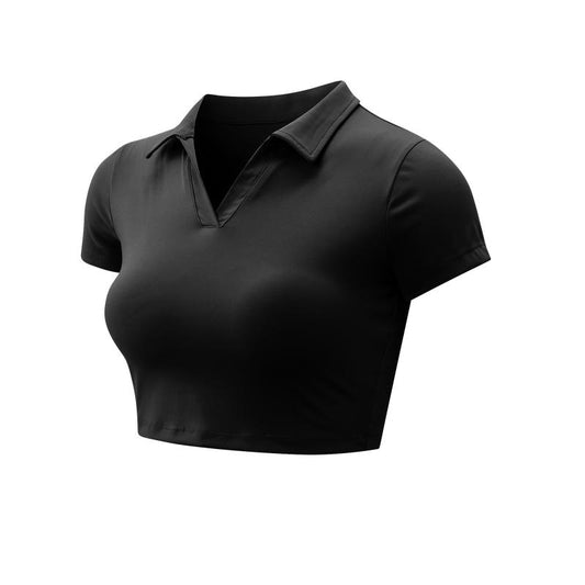 XINEV 2025 Women'S Solid Cropped Sports Polo Tee, Casual Short Sleeve T-Shirt for Gym Workout Running, Ladies Sportswear, Breathable Athletic Top, Athleisure Style, Sizes S to 2XL
