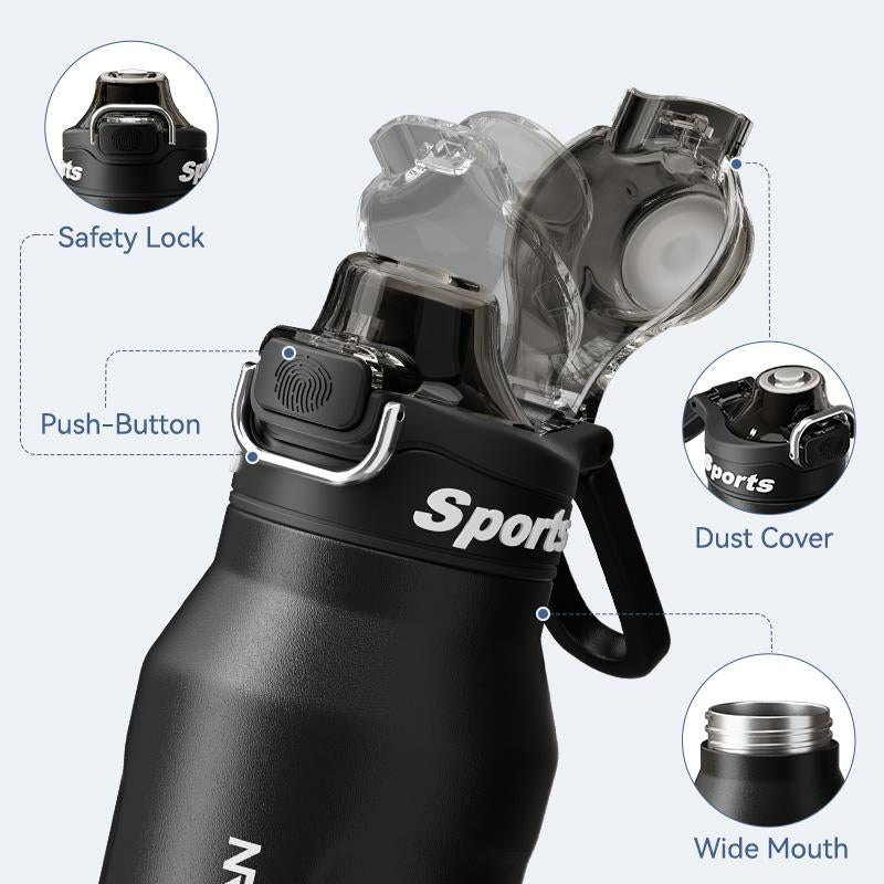 Insulated Water Bottle with 2-In-1 Straw and Spout Lid, Double Wall Vacuum Keep Cold 24H, Leak-Proof, Bpa-Free, Fits in Car Cup Holder, Stainless Steel Water Bottles for Sports, Travel, and School