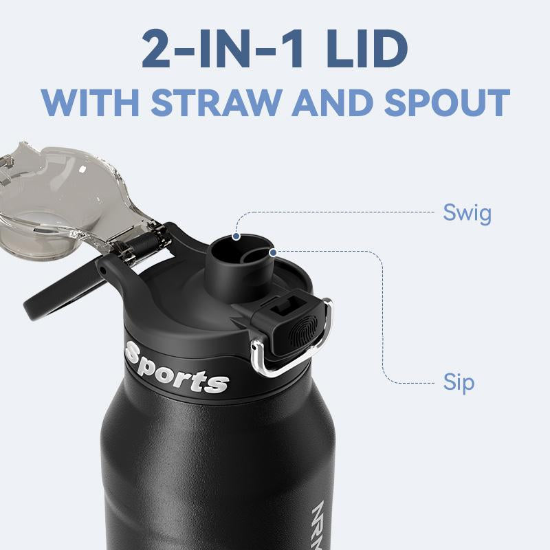 Insulated Water Bottle with 2-In-1 Straw and Spout Lid, Double Wall Vacuum Keep Cold 24H, Leak-Proof, Bpa-Free, Fits in Car Cup Holder, Stainless Steel Water Bottles for Sports, Travel, and School